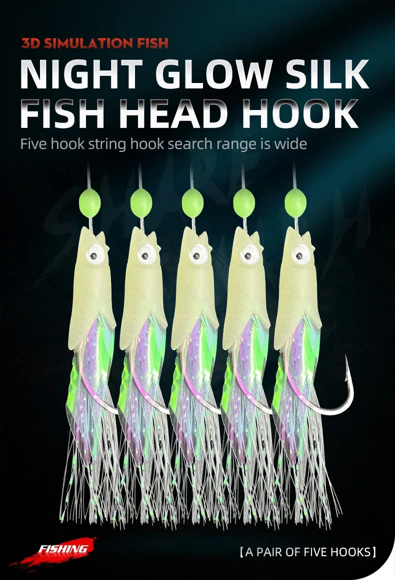 5 Hook Glow in the Dark Sabiki Rigs for Saltwater Fishing (Single or 5 pack)